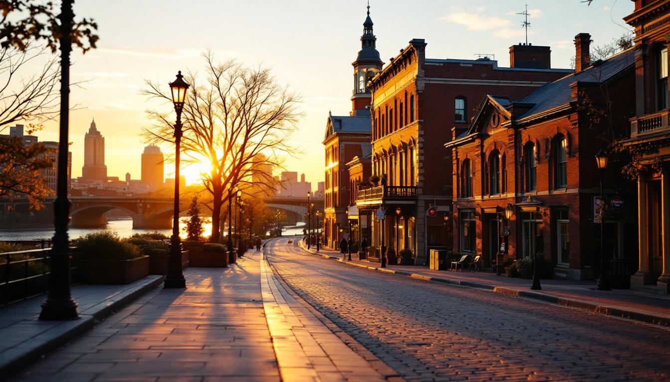 Historic Louisville KY downtown skyline with the Ohio River in the background at golden hour