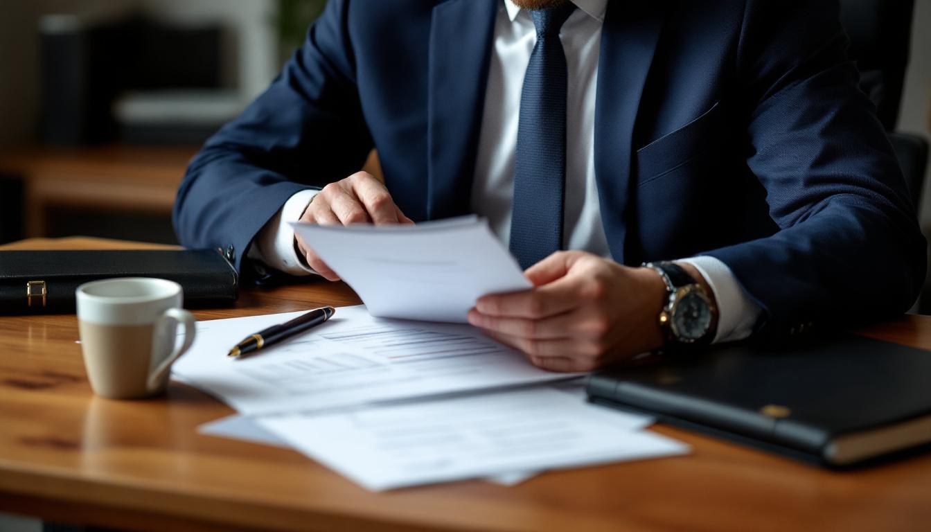 A senior CPA reviewing a stack of financial paperwork at a polished oak desk with a leather portfolio and fountain pen