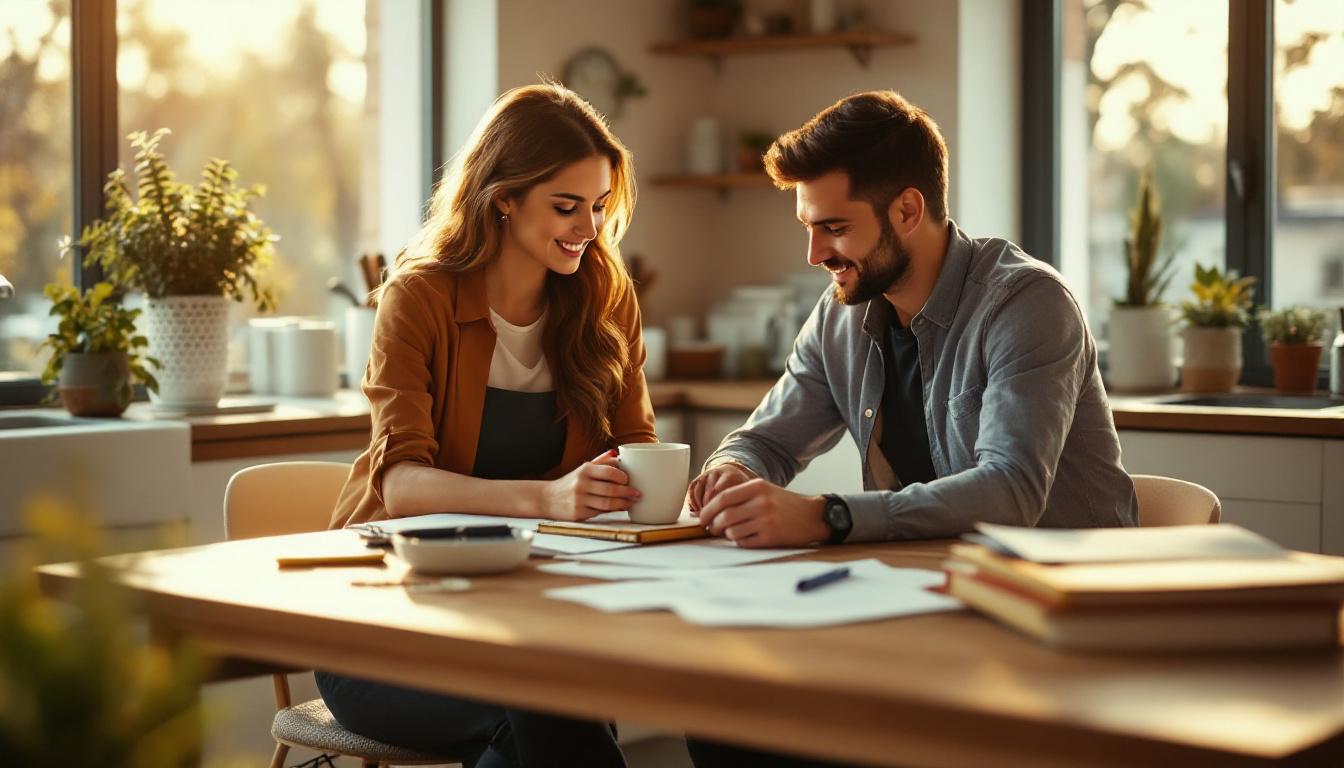 A bookkeeper and small-business owner working side by side at a kitchen-style office table with mug, paper notebook, and folders