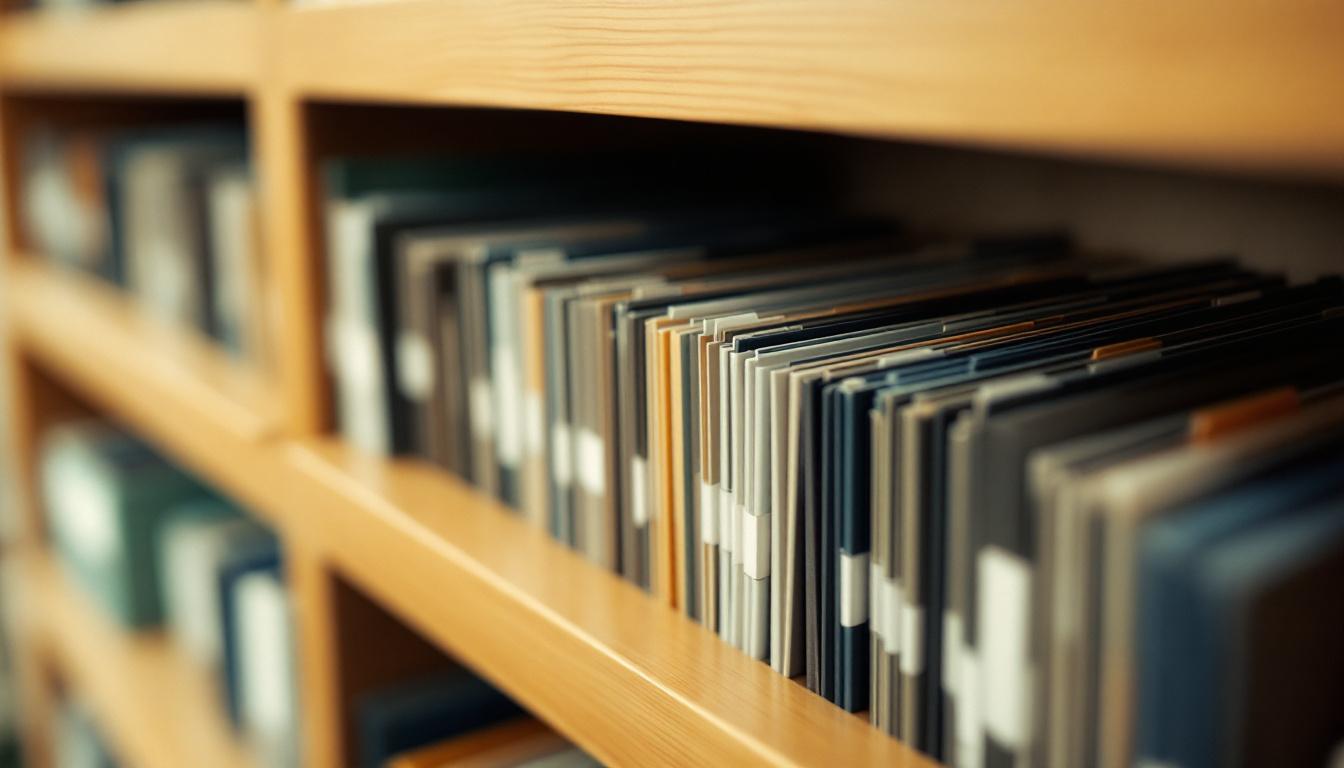Close-up of file folders being organized on a wooden shelf with soft warm lighting and an archival aesthetic
