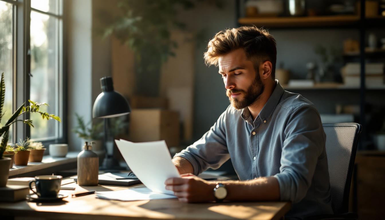 A small-business owner reviewing a customer list at a wooden desk in a small office with contemplative posture and late afternoon natural light