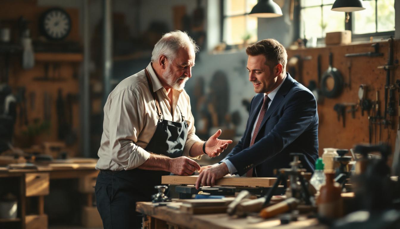 Older owner mentoring younger manager in a small workshop, both in business casual, late afternoon light
