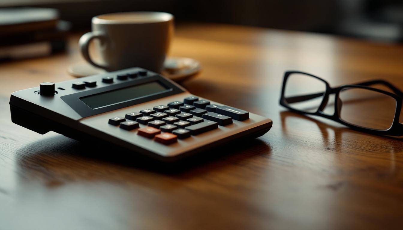 A calculator on a polished desk beside a coffee mug and reading glasses representing the math behind industry EBITDA multiples in 2026