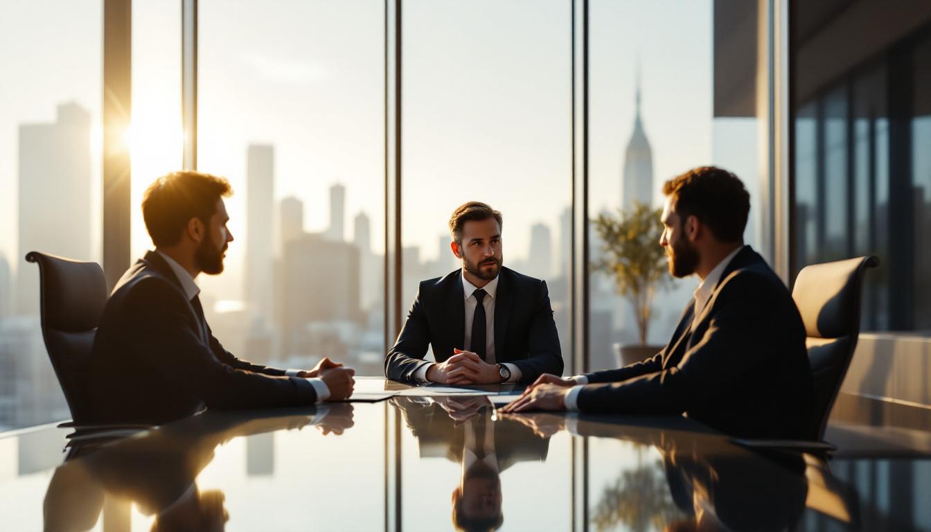 PE firm boardroom in late afternoon golden light with three professionals reviewing potential acquisition targets across home services and healthcare consolidation