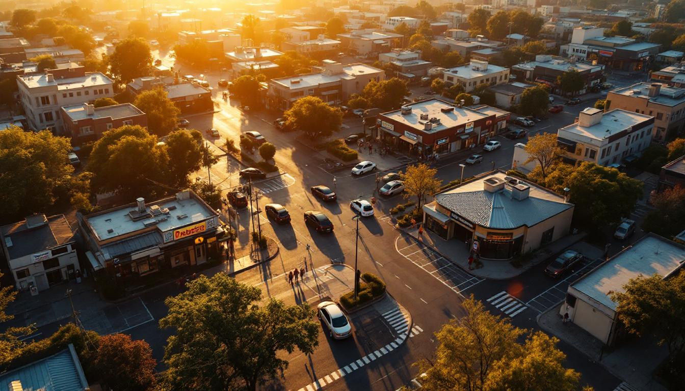 Aerial view of a fragmented commercial business district with multiple small commercial buildings at golden hour representing industries primed for PE consolidation in 2026