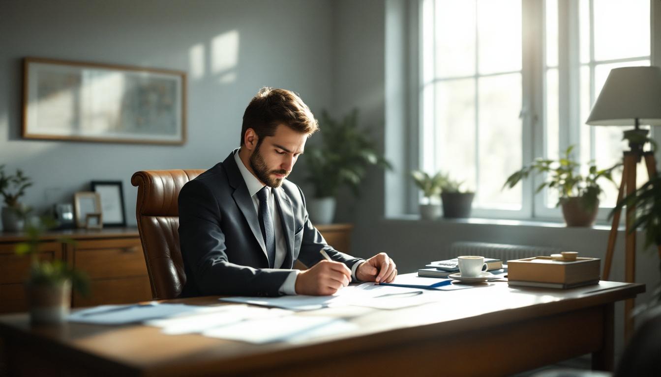 Loan officer in a small bank office reviewing SBA loan paperwork at a wooden desk with soft window light for an acquisition financing application