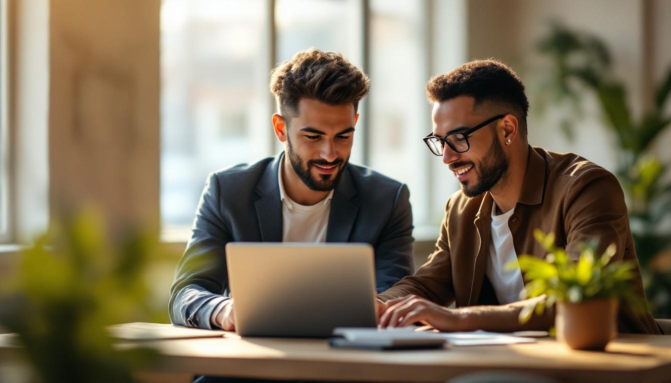Two professionals in casual business attire reviewing a laptop together at a sunlit modern co-working space