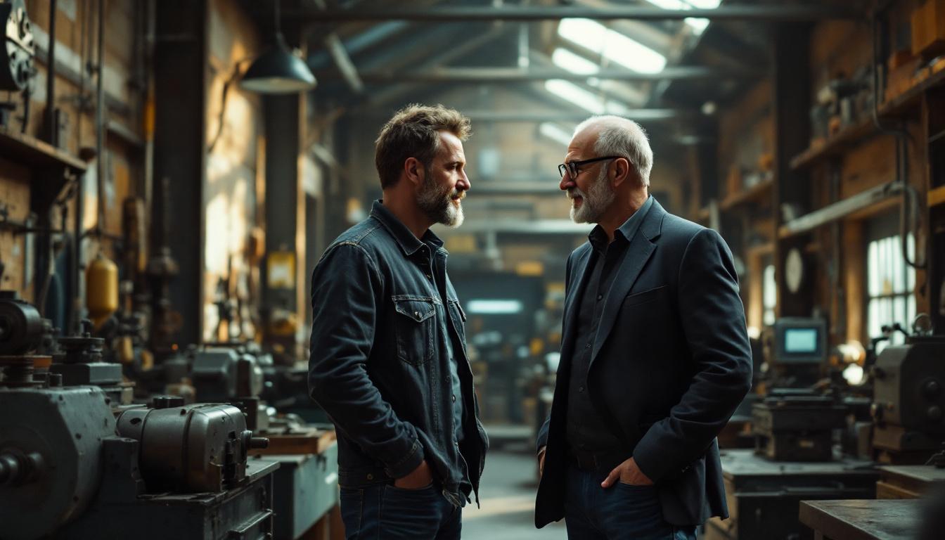 A buyer professional walking through a small machine shop with the original owner mid-conversation