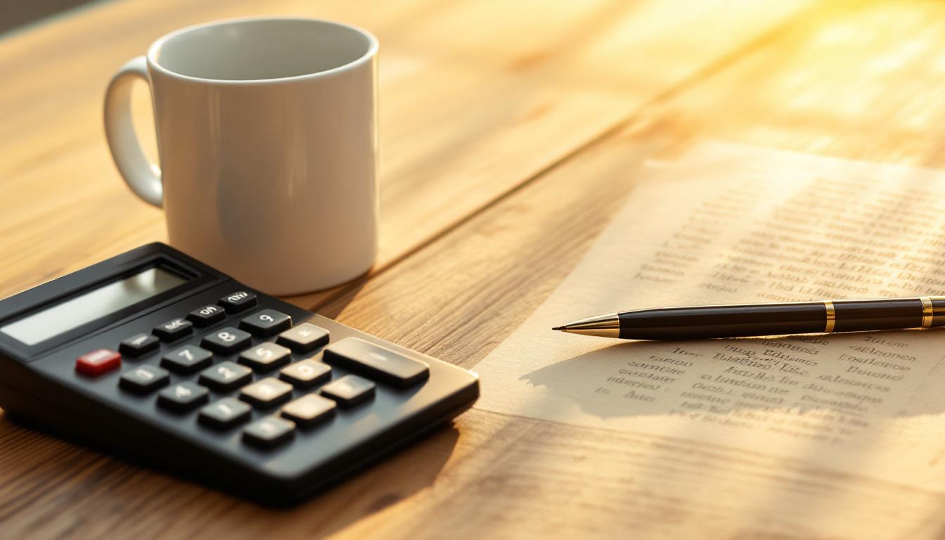 Close-up of a calculator beside a coffee mug and pen on a wood desk, late afternoon golden light
