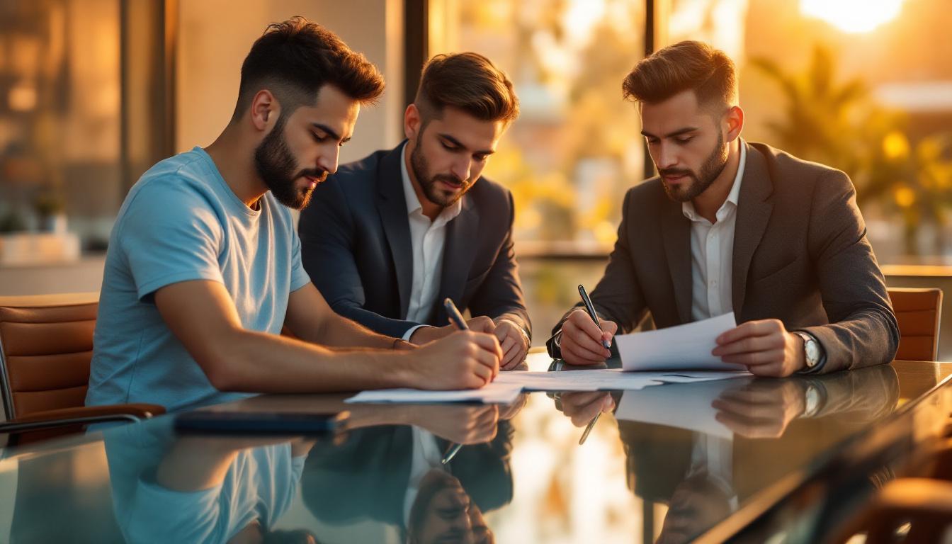 Three professionals around a glass conference table all reviewing paperwork at golden hour
