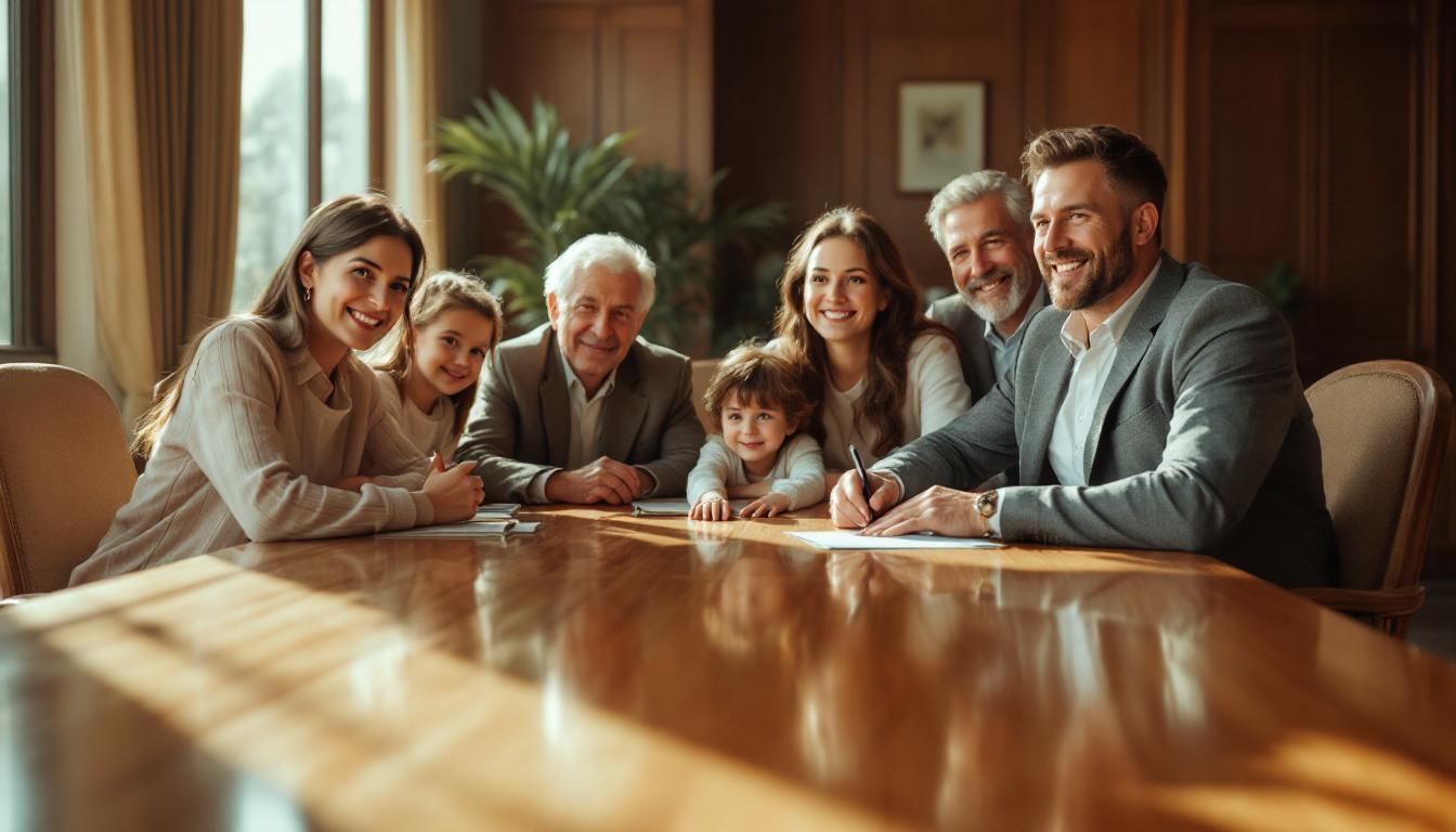 A multi-generational family group around a polished oak conference table reviewing investment materials in a warm wood-paneled office