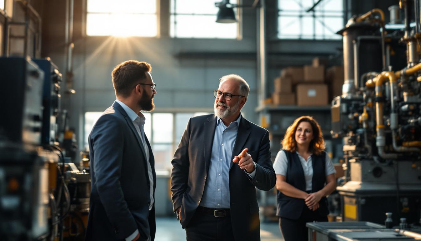 Two corporate development professionals in business casual attire touring a small acquired-target's facility with the original owner