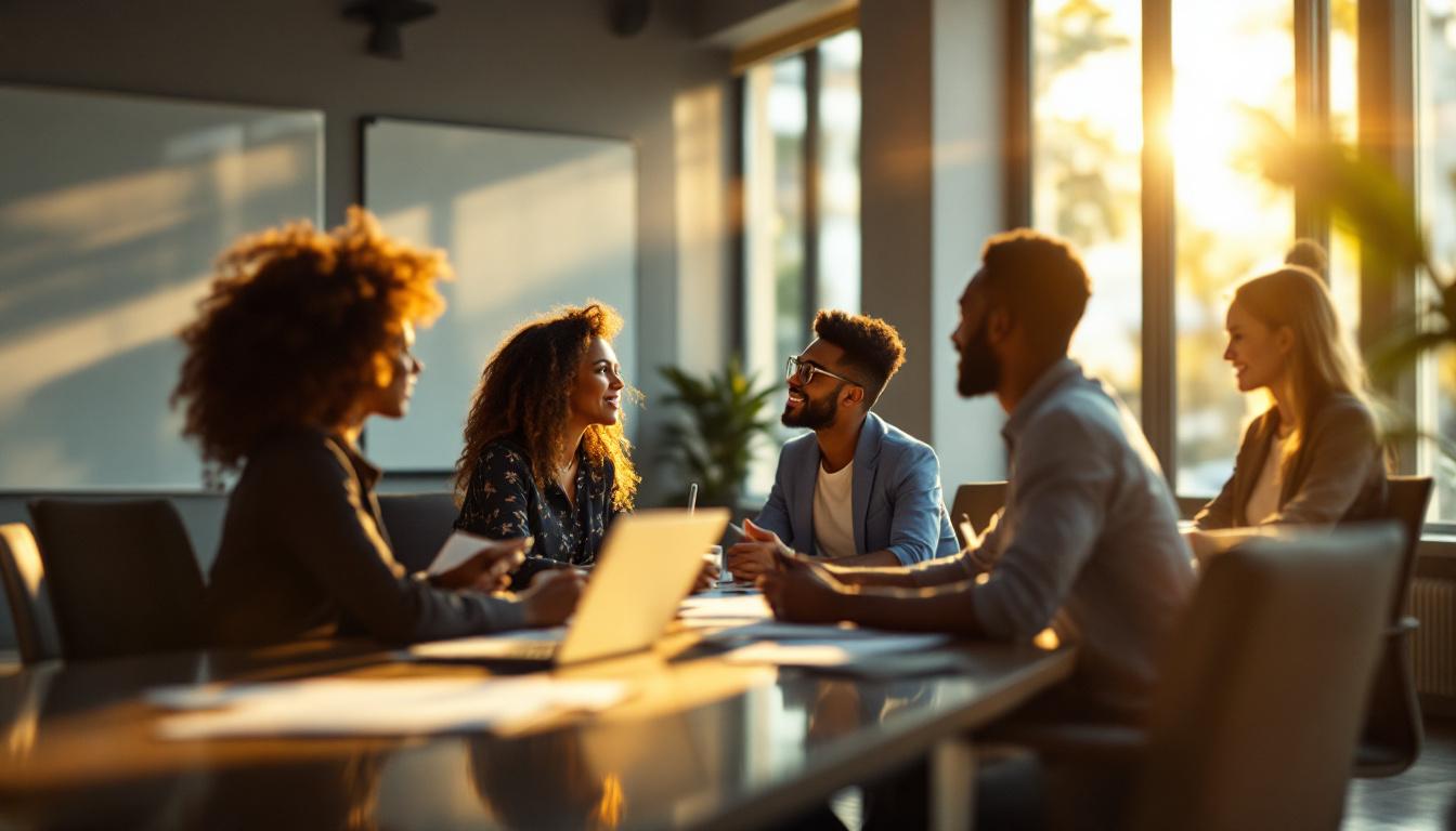 A diverse small group of business professionals around a conference table mid-meeting at golden hour with blurred whiteboards behind