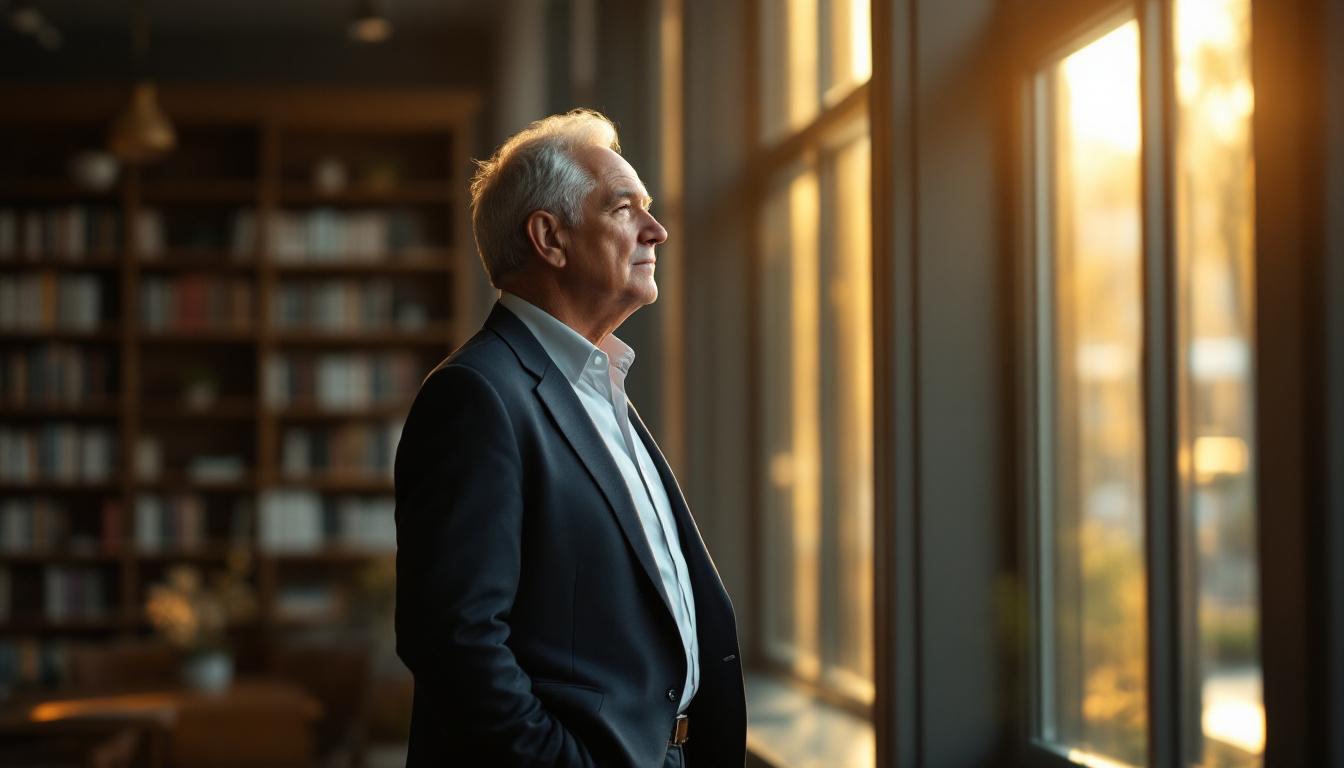 An older buyer professional standing at his office window looking out hands in pockets with blurred bookshelves behind