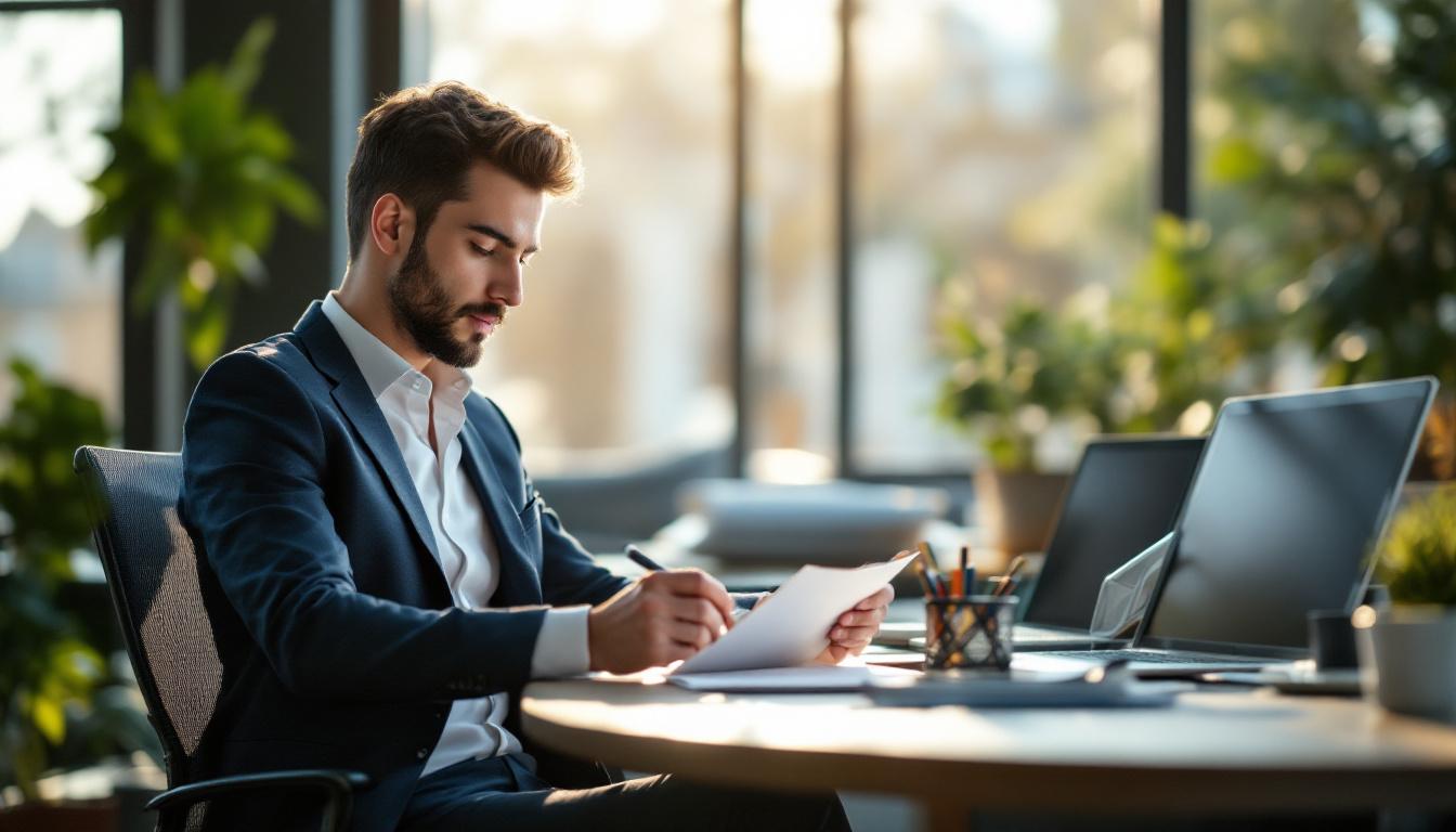 A young MBA-aged search-fund principal in a casual modern office reviewing notes on a paper notepad at his desk