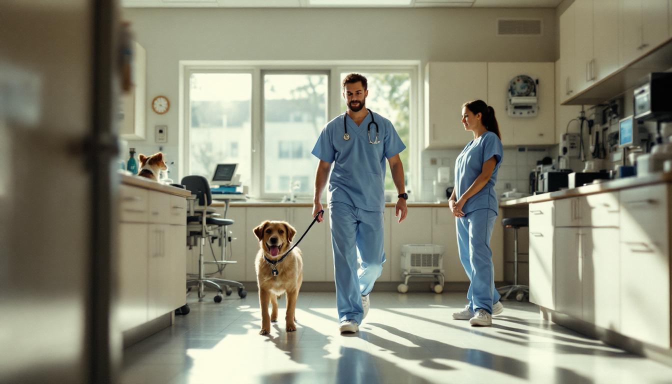 Veterinarian in clean professional scrubs walking through a small-animal hospital exam room with a dog patient and the owner&rsquo;s assistant in late afternoon natural light