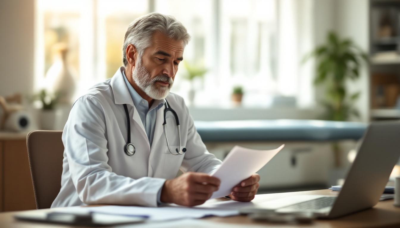 Doctor in a white coat reviewing a paper chart at a desk in a sunlit medical office with a blurred exam table behind and soft window light