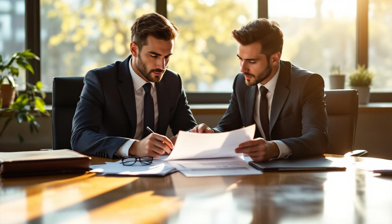 Two accountants in business attire reviewing financial documents at a polished desk with a leather portfolio and reading glasses in late morning light
