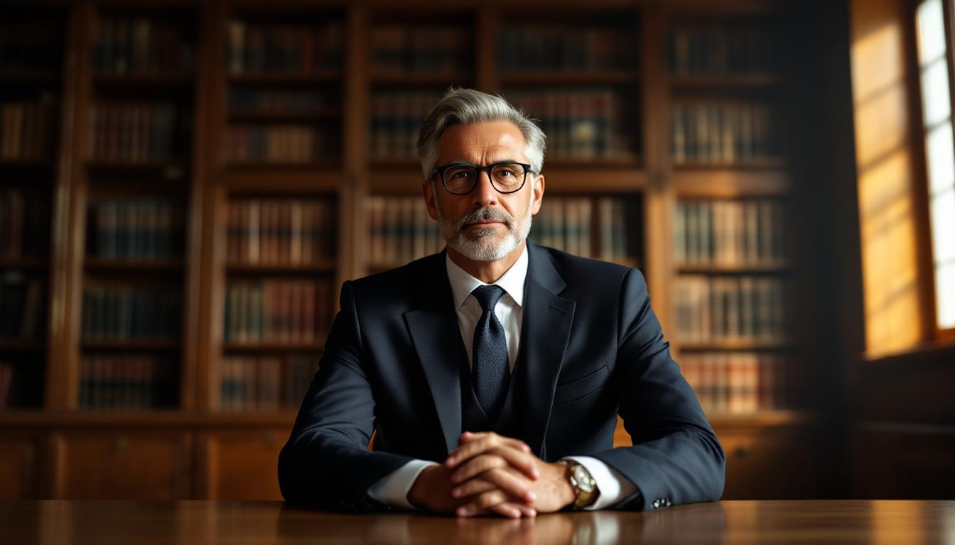 Attorney in business attire standing in a sunlit law library with leather-bound books on shelves behind, contemplative posture