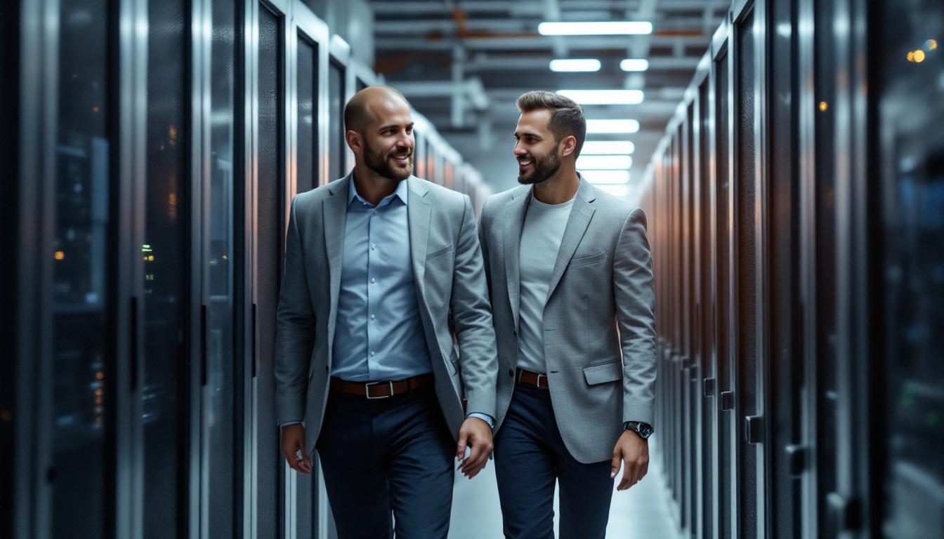 IT services owner in casual business attire walking through a small server room next to his employee with blurred equipment racks behind in soft directional lighting