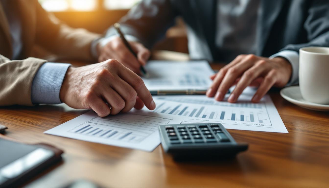 Two business professionals reviewing financial statements at a polished desk with a calculator and leather portfolio