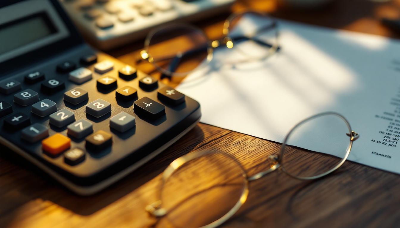 A calculator beside reading glasses on a wood desk with a single page of financial paperwork face down