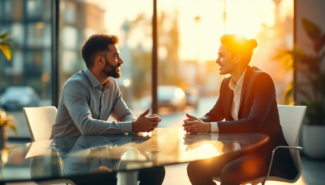 Two business professionals at a glass conference table mid-conversation in late afternoon golden light