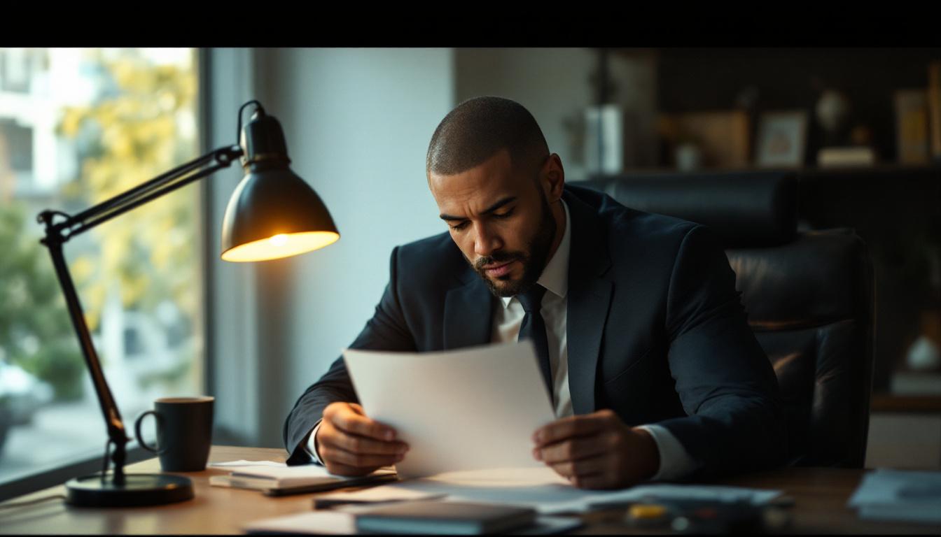 An owner sitting at his desk reviewing a single sheet of paper in a contemplative posture under soft lamp lighting