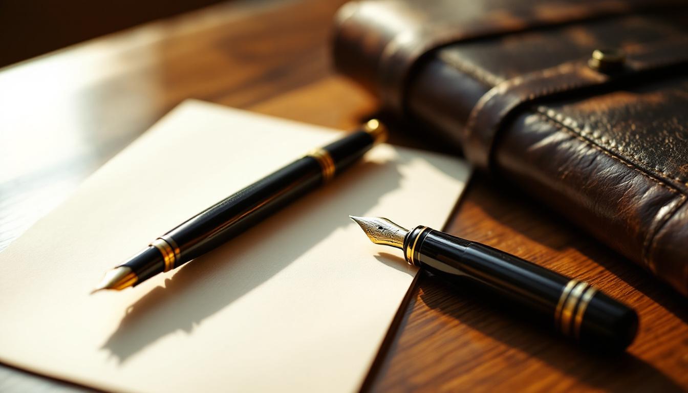 A close-up of a fountain pen beside a single document on a polished walnut desk with a leather portfolio and soft window light