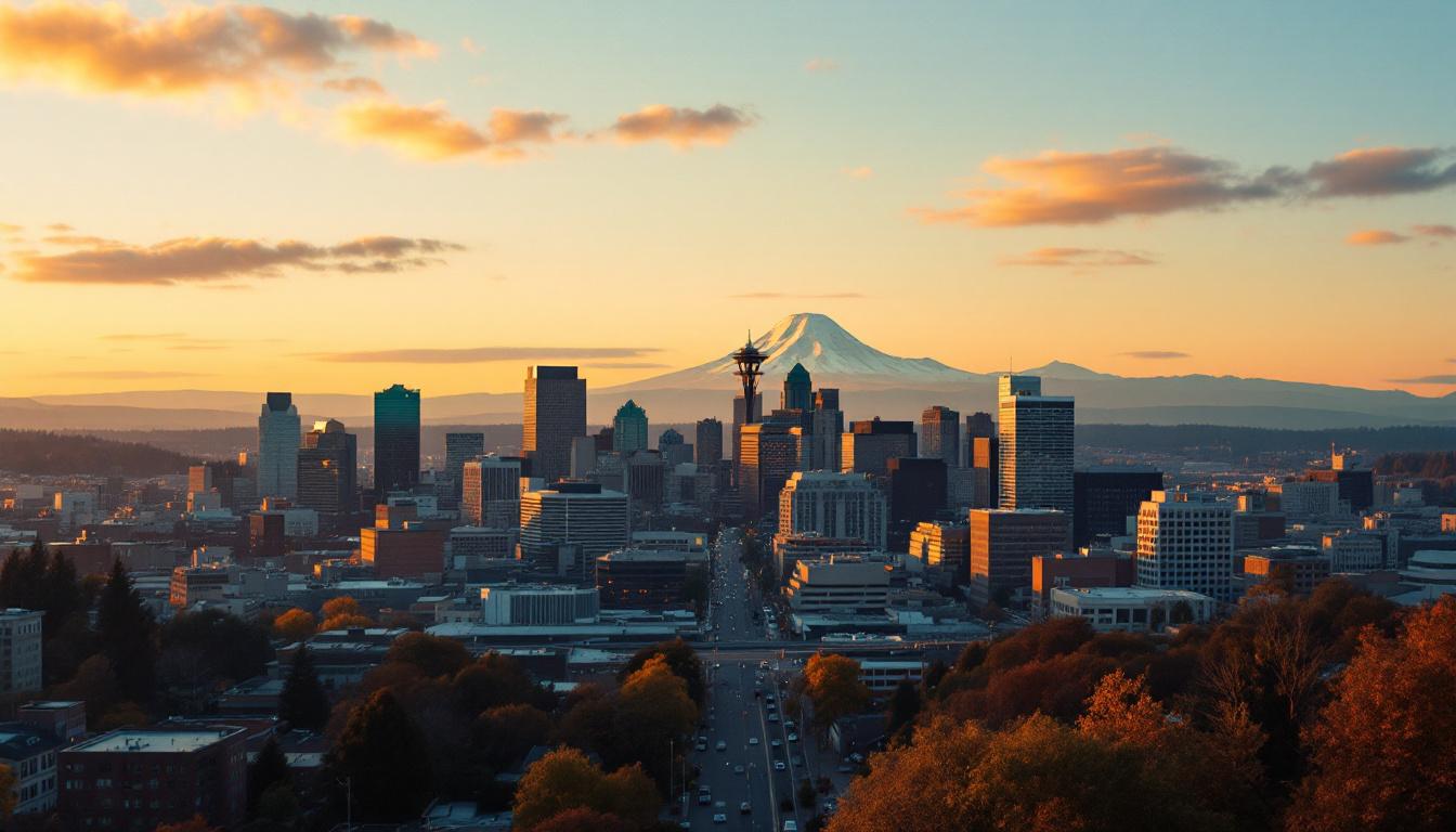 Portland Oregon skyline at golden hour with Mount Hood in the background