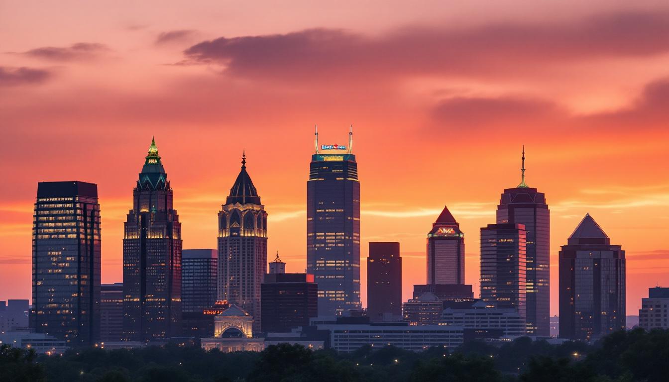 Charlotte North Carolina downtown skyline at sunset with Bank of America stadium silhouette