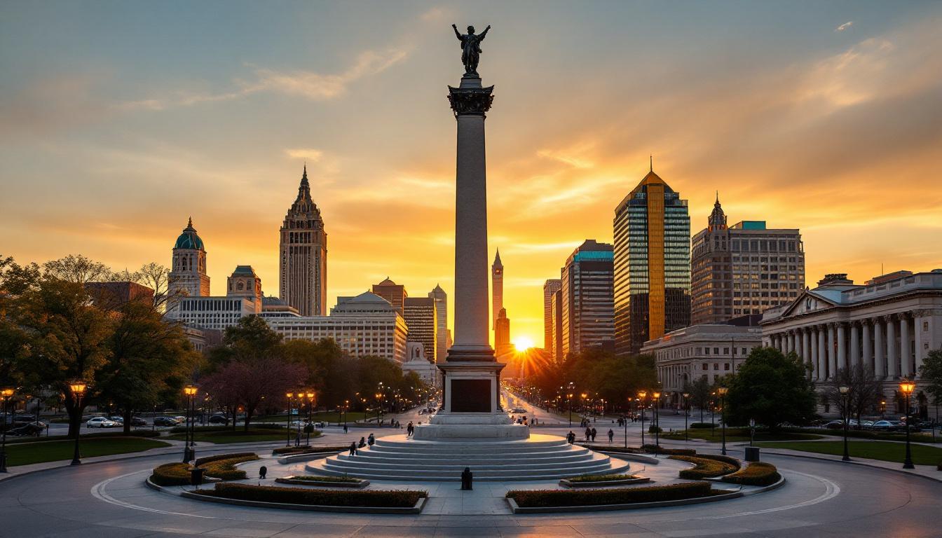 Indianapolis Indiana downtown skyline at golden hour with Monument Circle in the foreground