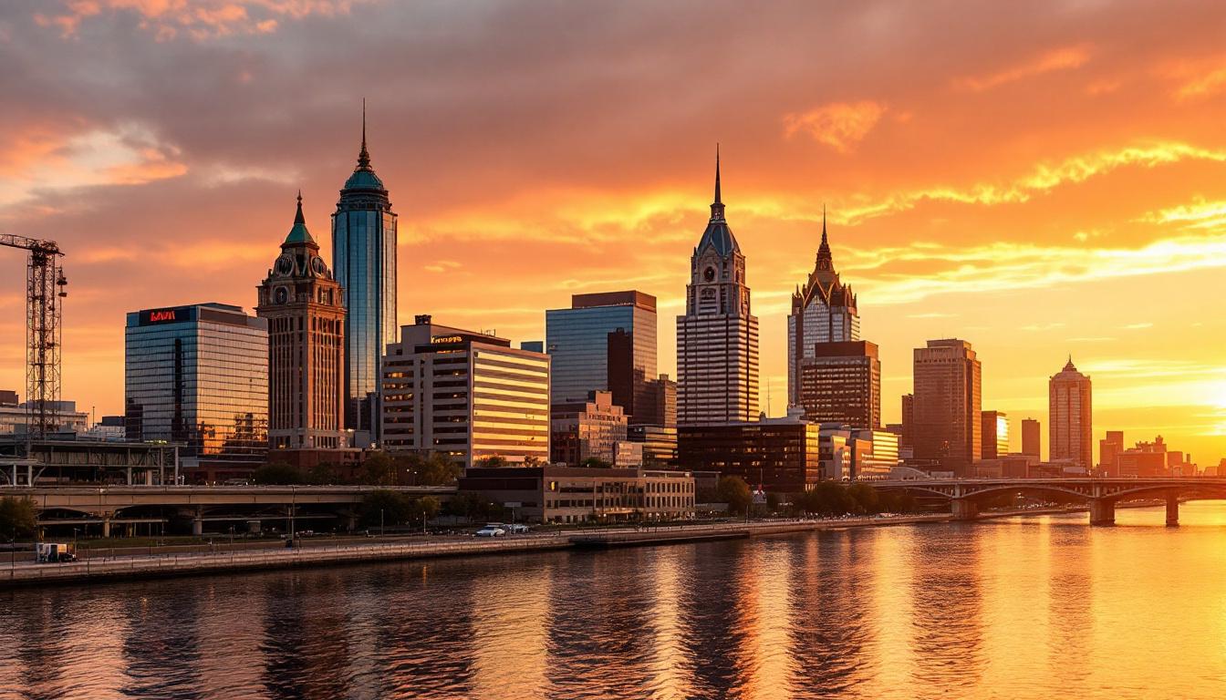 Omaha Nebraska downtown skyline along the Missouri River at golden hour