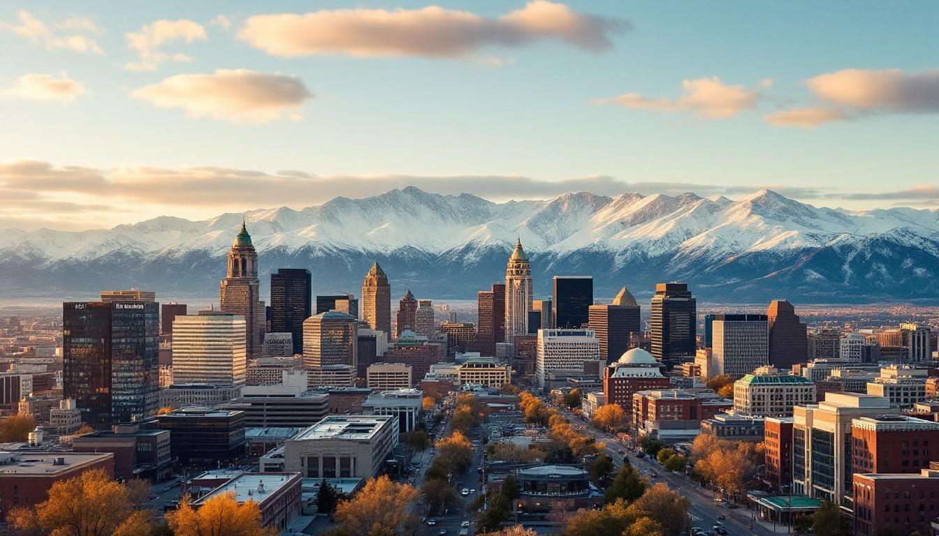 Salt Lake City Utah downtown skyline with snow-capped Wasatch Mountains in background at golden hour