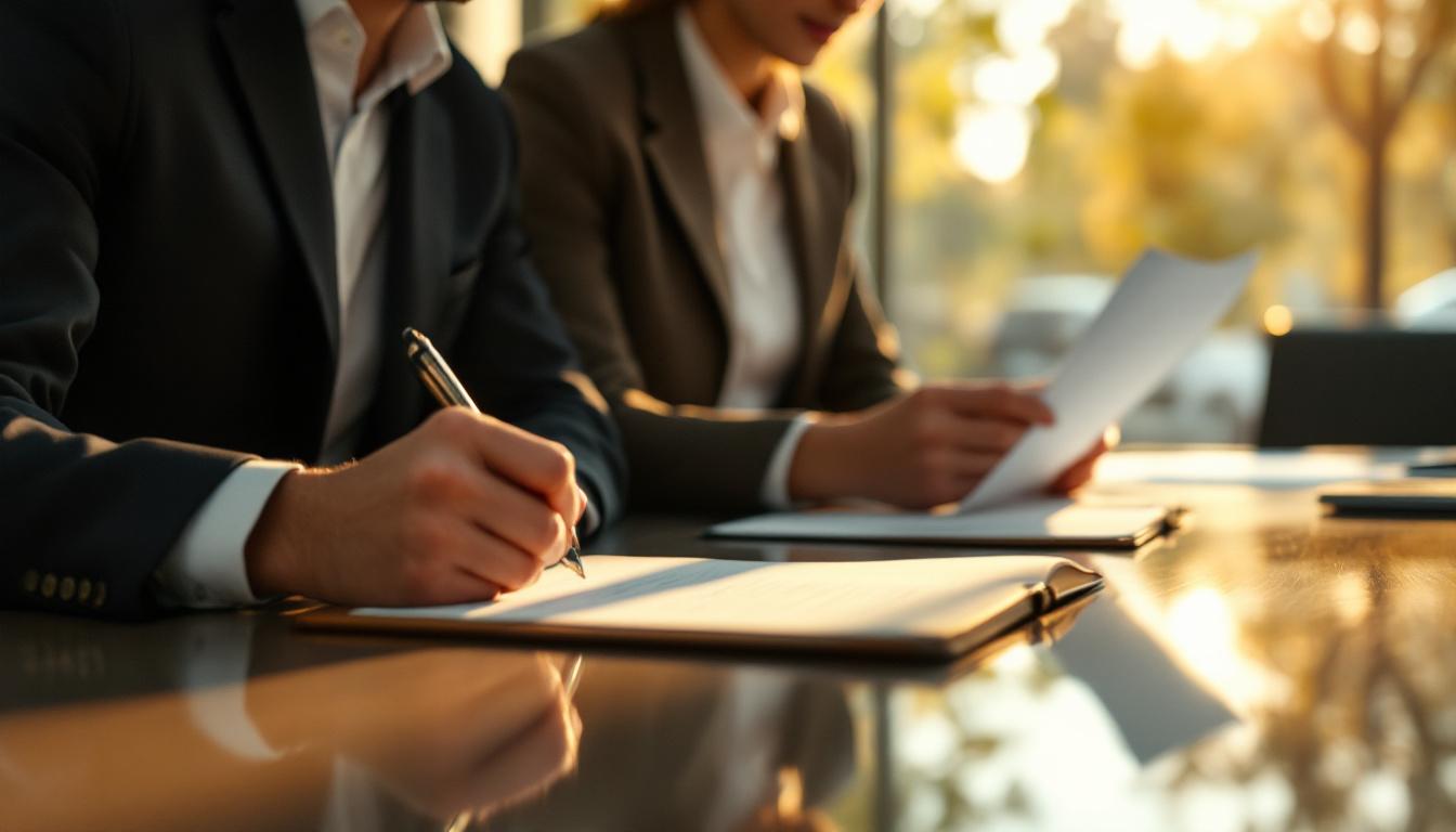 Two acquisition professionals reviewing thesis documents at a polished conference table