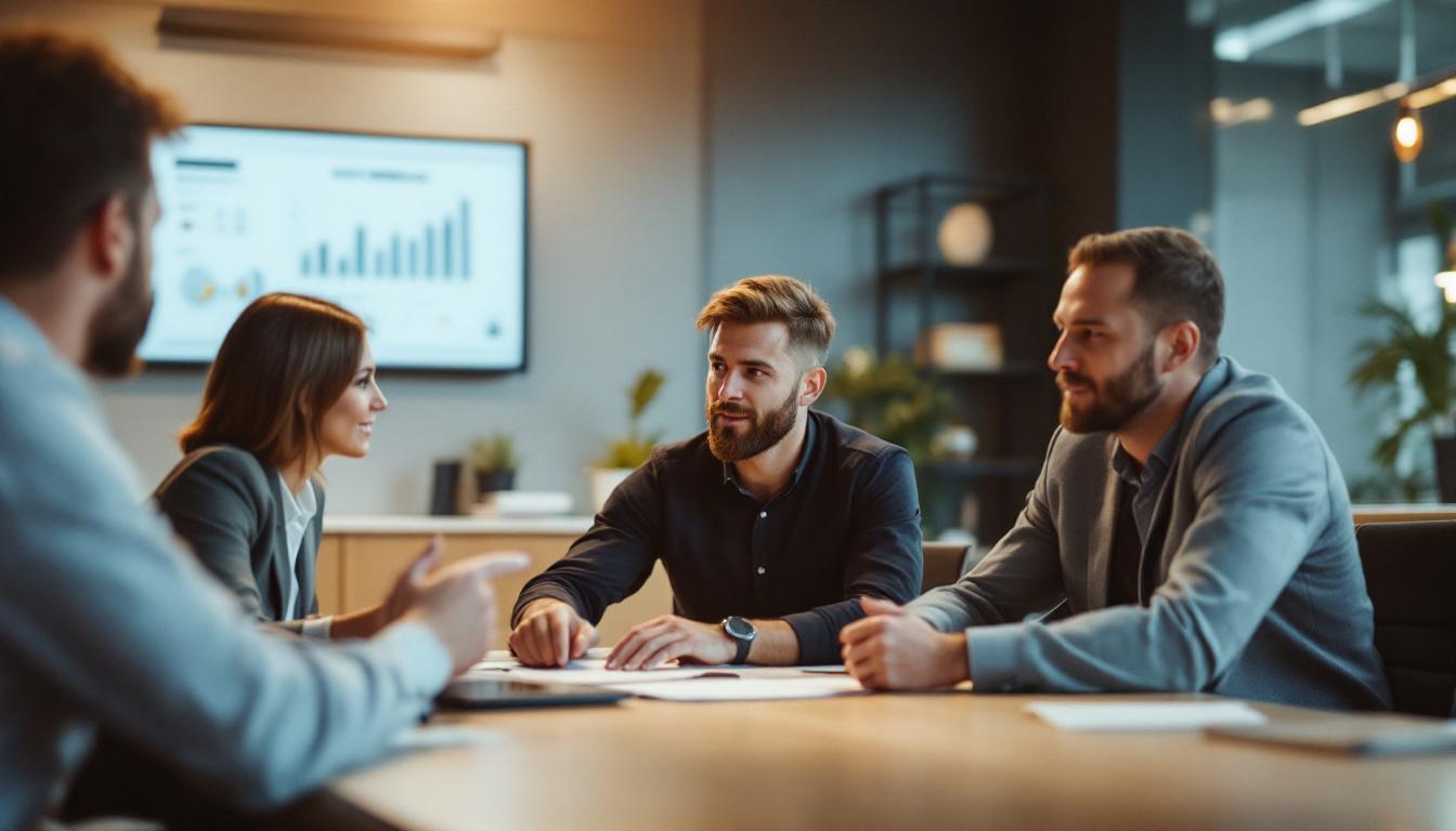 Three professionals collaborating around a conference table reviewing a laptop during platform strategy planning
