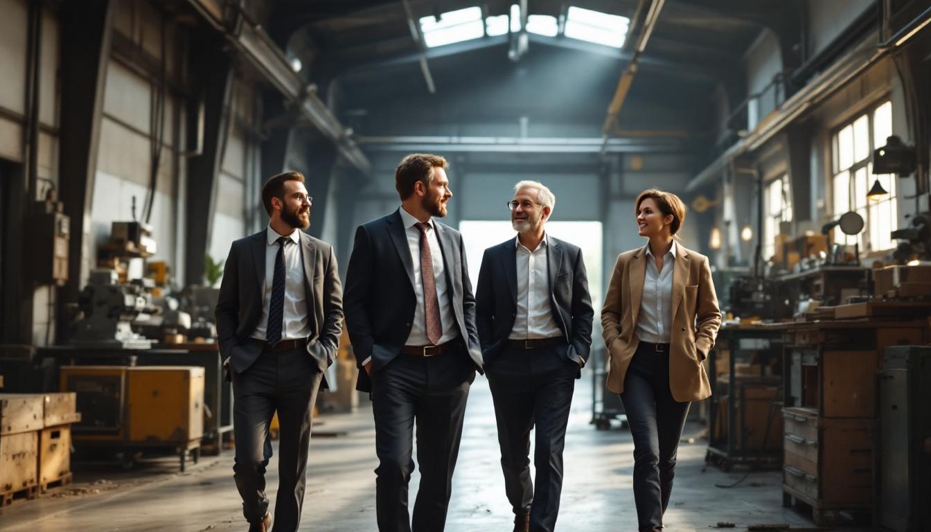 Two business professionals walking through a small machine shop with the original owner during an add-on acquisition diligence visit