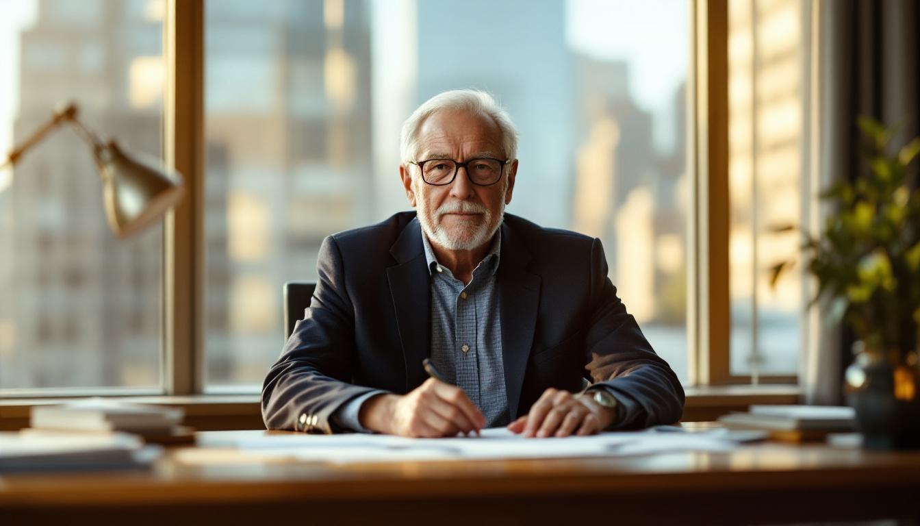 Older private equity professional in a blazer reviewing acquisition diligence paperwork at a sunlit corner office desk