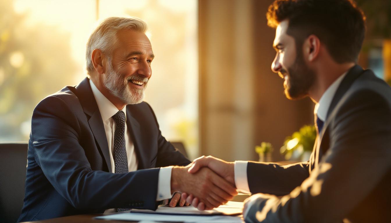 Two professionals shaking hands at a conference table establishing a buyer-broker relationship