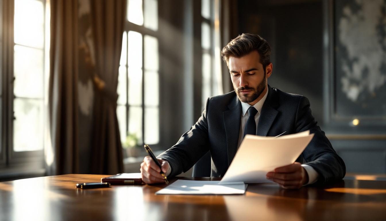 An investment banker reviewing a printed CIM at a polished mahogany desk with a leather portfolio and fountain pen in late morning natural light
