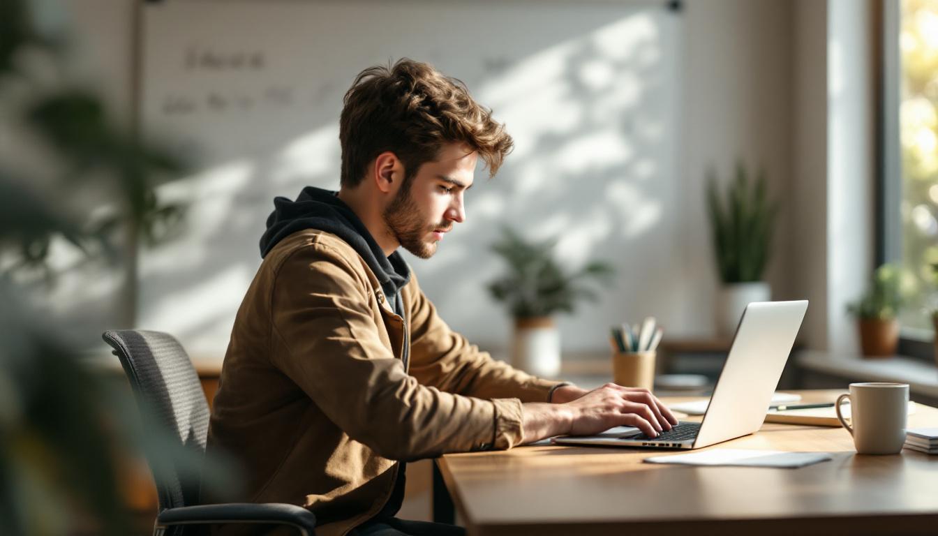 A young professional at a modern home office desk reviewing a laptop in soft daylight with a blurred whiteboard behind