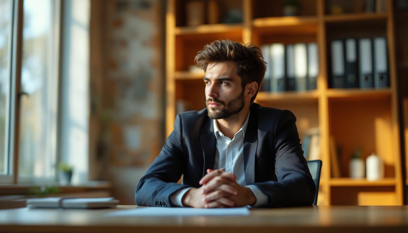 A pensive owner sitting alone at an office desk in late afternoon with hands clasped and blurred shelves of binders behind