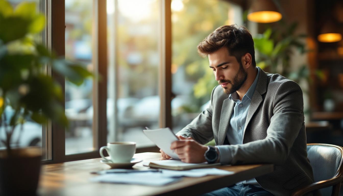 A young MBA-aged search fund principal in business casual at a coffee shop reviewing notes in a paper notebook in soft natural light