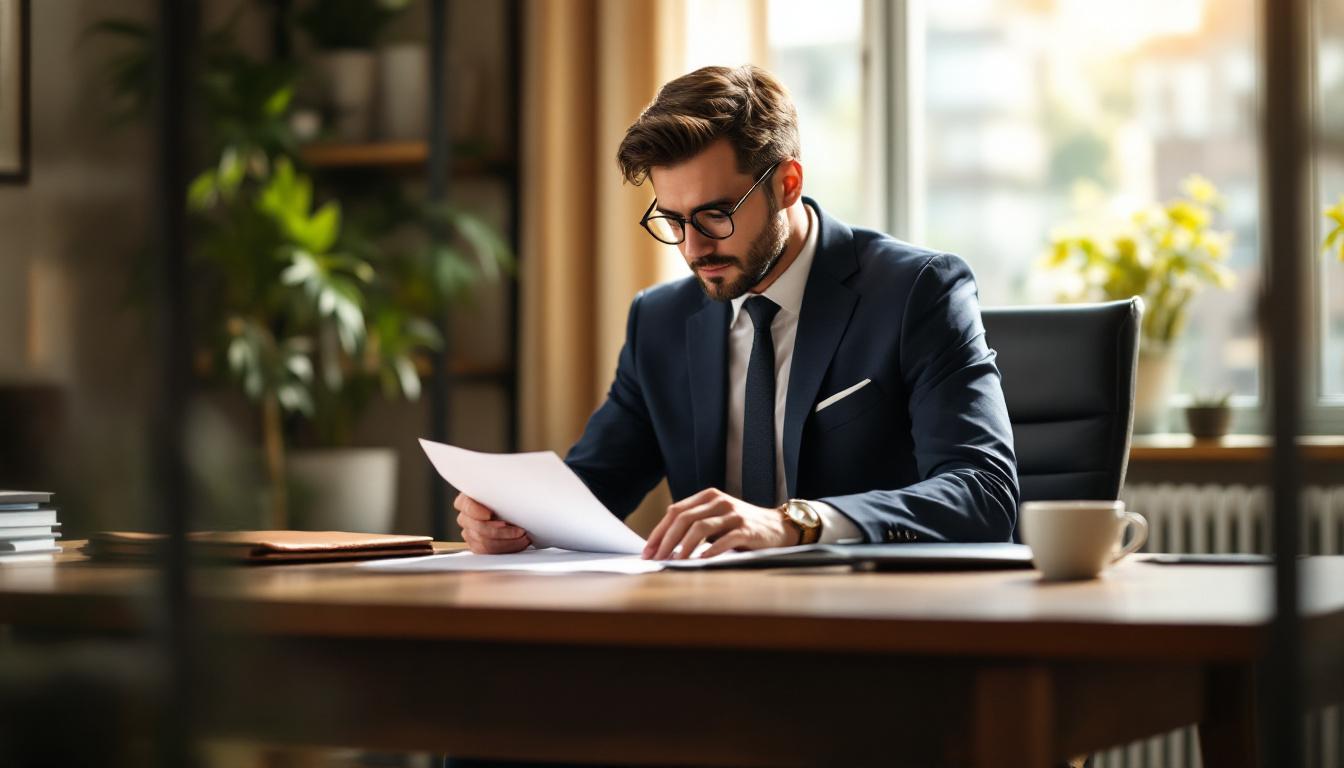A loan officer reviewing paperwork at a polished desk with leather portfolio reading glasses and a coffee mug in soft window light