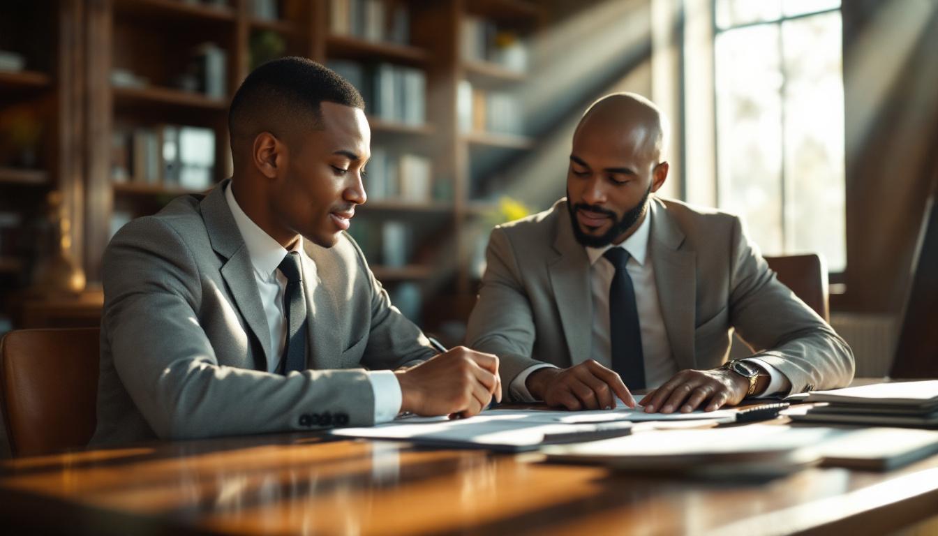 Two banking professionals reviewing acquisition financing paperwork at a polished mahogany desk in a sunlit corner office