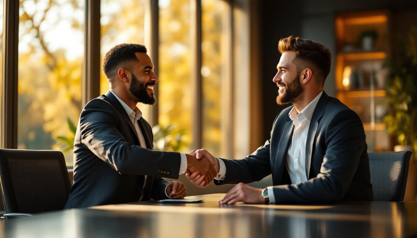 Two business professionals shaking hands at a conference table after agreeing on rollover equity terms
