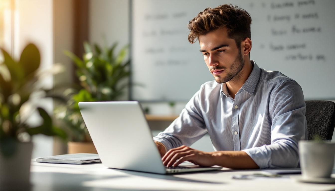 A young professional at a modern desk working on a laptop reviewing acquisition pipeline data