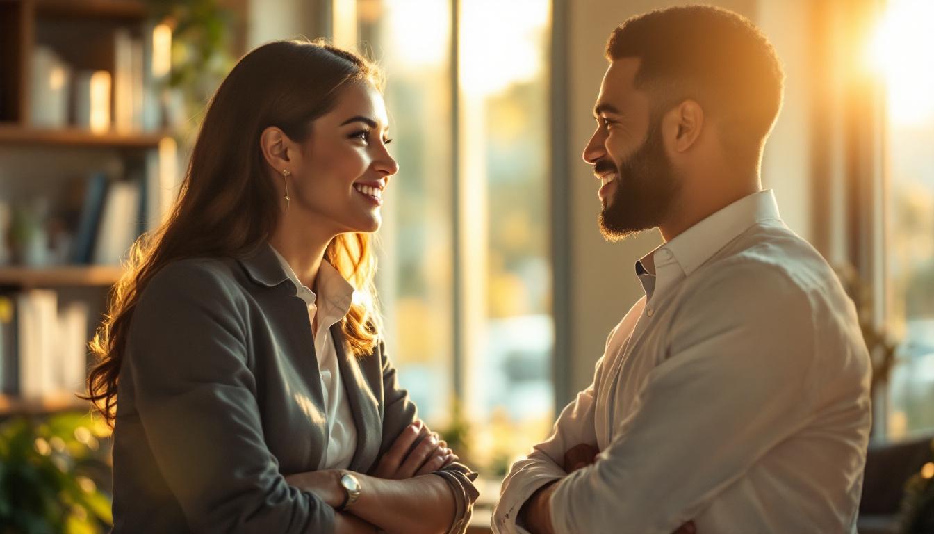 Two professionals in casual business attire mid-conversation in a sunlit modern office discussing independent sponsor structure