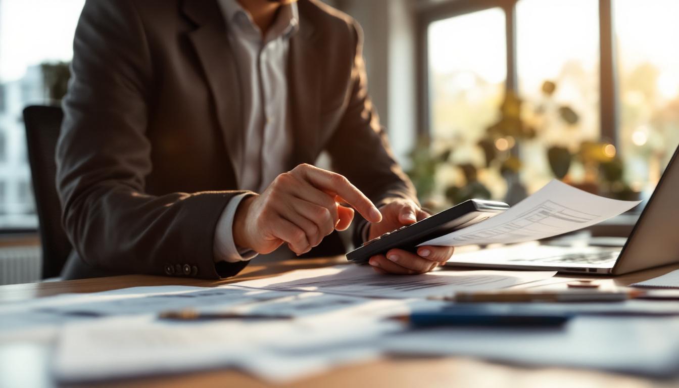 A young professional in business casual at a desk reviewing acquisition financial paperwork by hand with a calculator