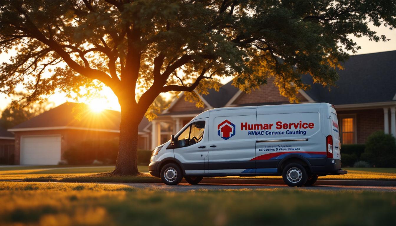 HVAC service van parked in front of a Texas-style residential home at golden hour with blurred suburban neighborhood